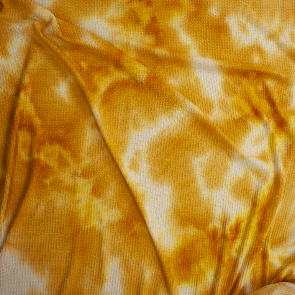 Mustard and Offwhite Tie Dye Waffle Knit Fabric By The Yard - Wide shot