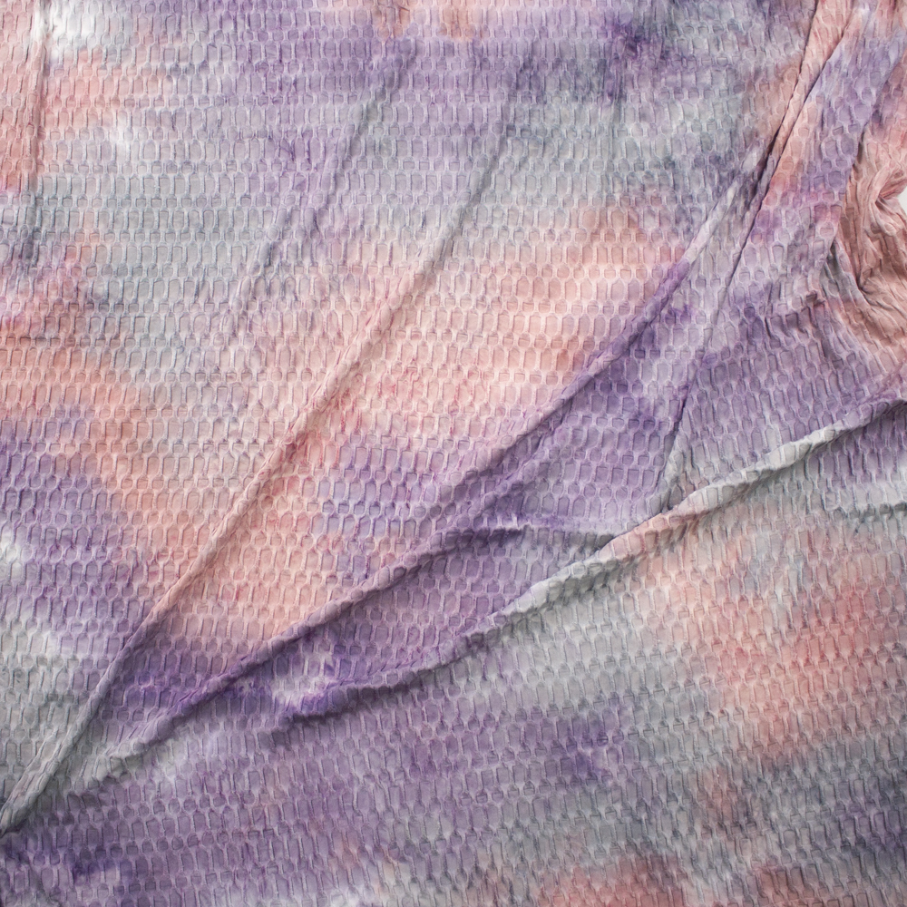 Dusty Lavender, Pink, and Grey Tie Dye Stretch Honeycomb Lycra Fabric By The Yard - Wide shot