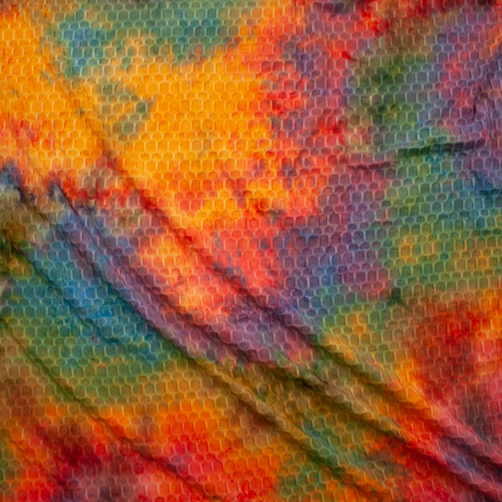Orange, Red, and Turquoise Stretch Honeycomb Lycra Fabric By The Yard - Wide shot