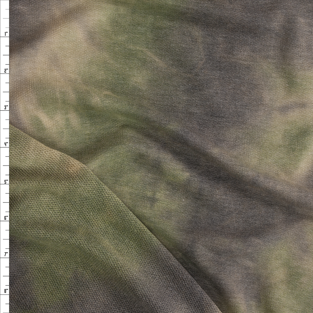 Olive, Charcoal, and Tan Tie Dye French Terry Fabric By The Yard