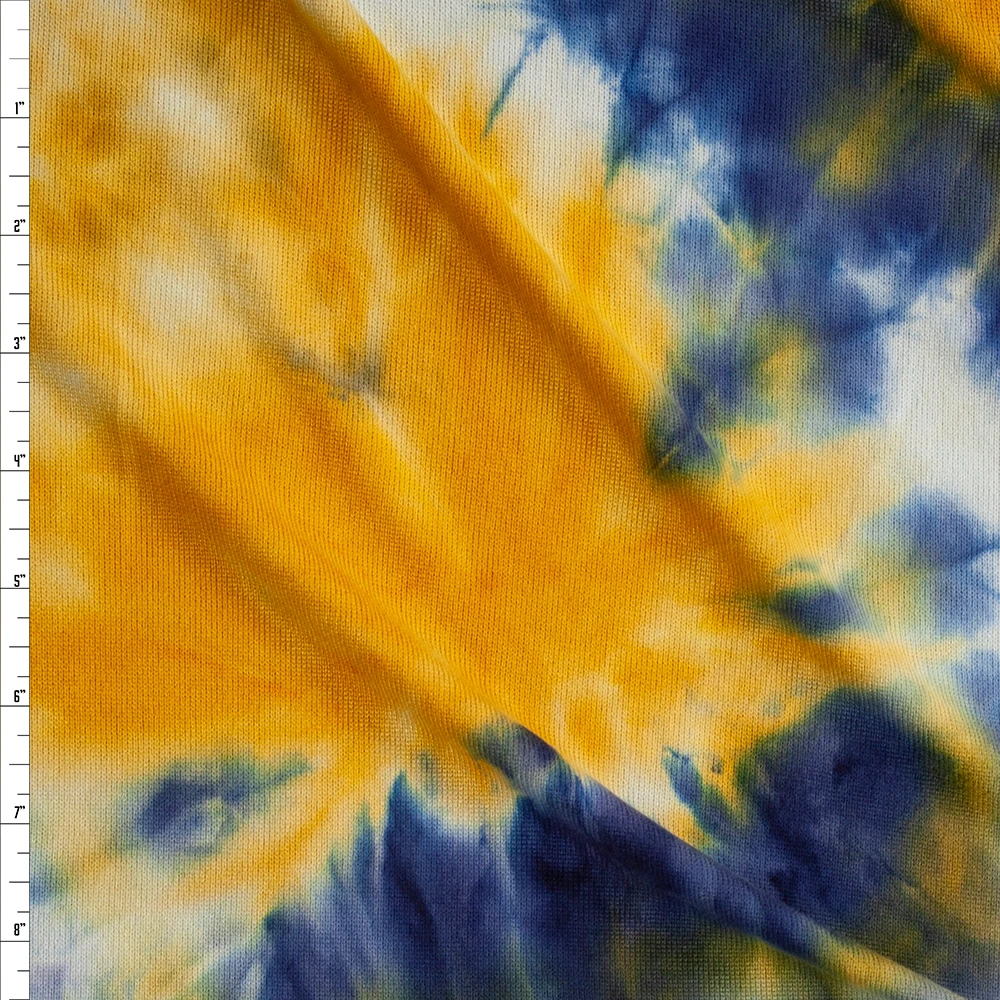 Deep Blue, Goldenrod, and White Tie Dye Stretch Brushed Hacci Fabric By The Yard