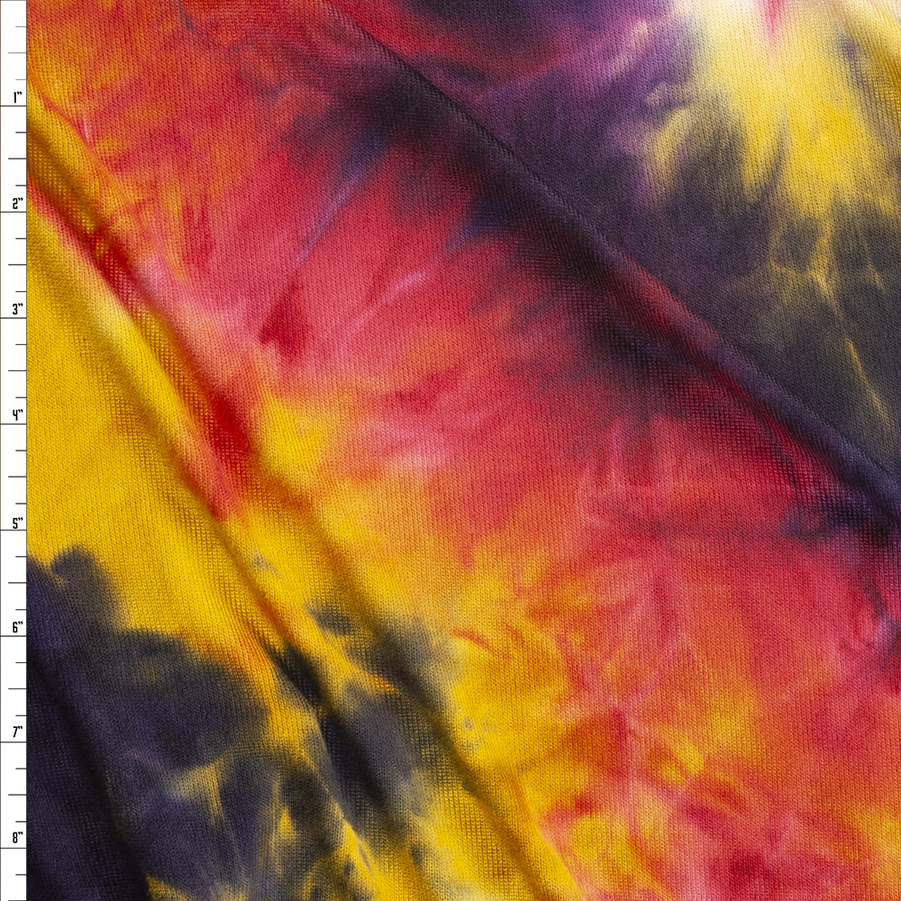 Midnight, Red, and Goldenrod Tie Dye Stretch Brushed Hacci Fabric By The Yard