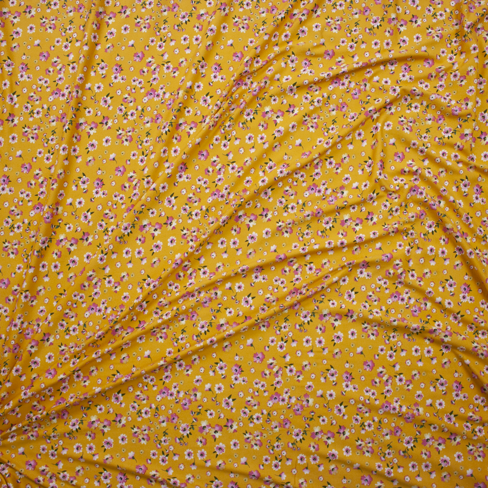 Dainty Pink Floral on Mustard Stretch Double Brushed Poly/Spandex Knit Fabric By The Yard - Wide shot