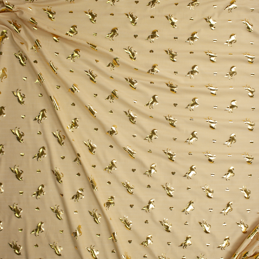 Metallic Gold Unicorns on Yellow and White Micro Stripe Stretch Double Brushed Poly/Spandex Knit Fabric By The Yard - Wide shot