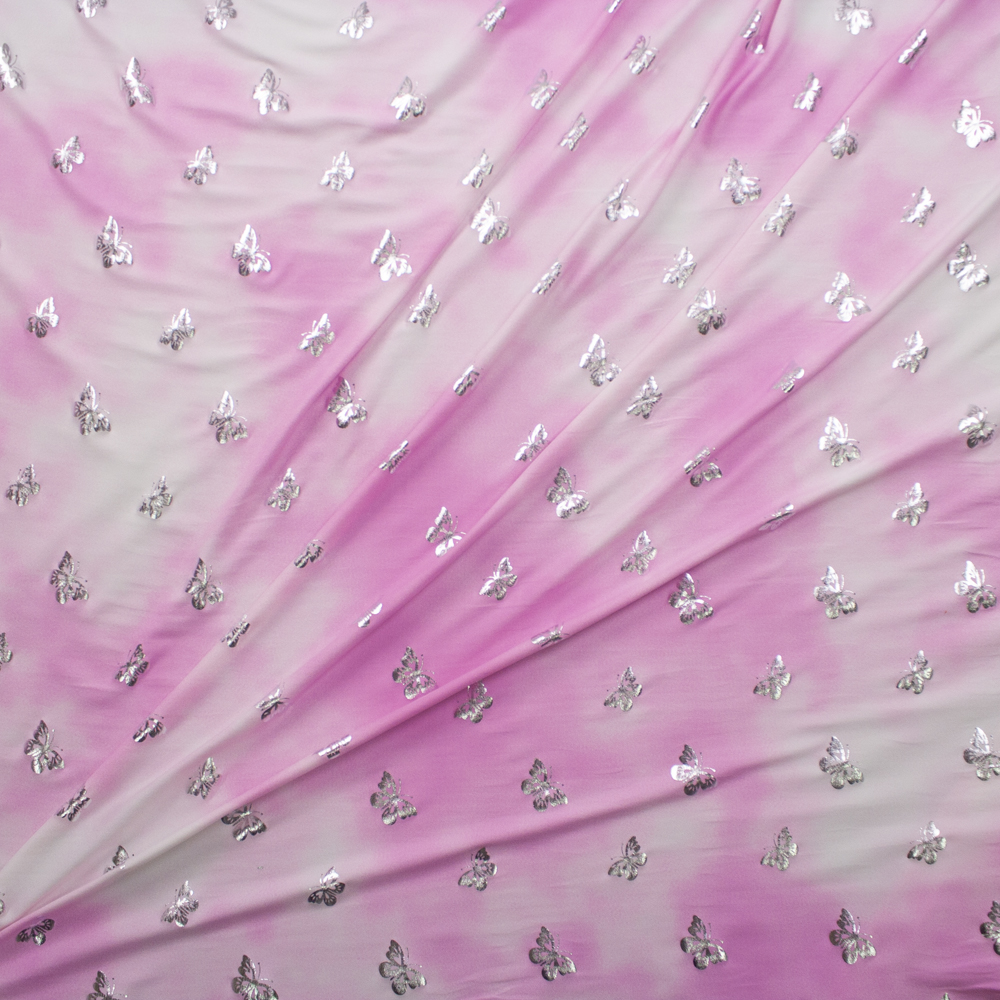 Metallic Silver on Cloudy Pink Stretch Double Brushed Poly/Spandex Knit Fabric By The Yard - Wide shot