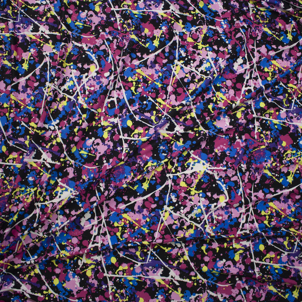 Vibrant Paint Splatter on Black Stretch Double Brushed Poly/Spandex Knit Fabric By The Yard - Wide shot