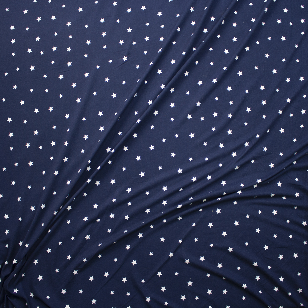 Scattered Stars White on Navy Stretch Double Brushed Poly/Spandex Knit Fabric By The Yard - Wide shot