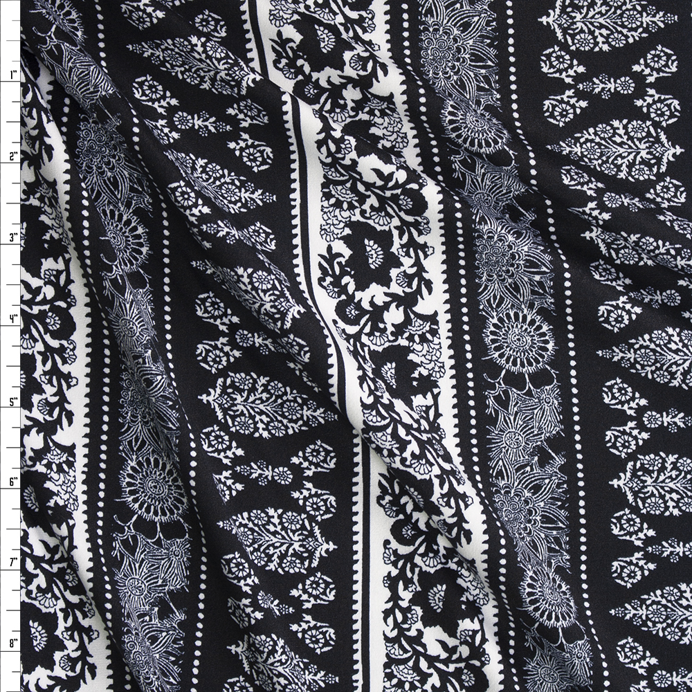 Black and White Vertical Boho Stripe Stretch Double Brushed Poly/Spandex Knit Fabric By The Yard