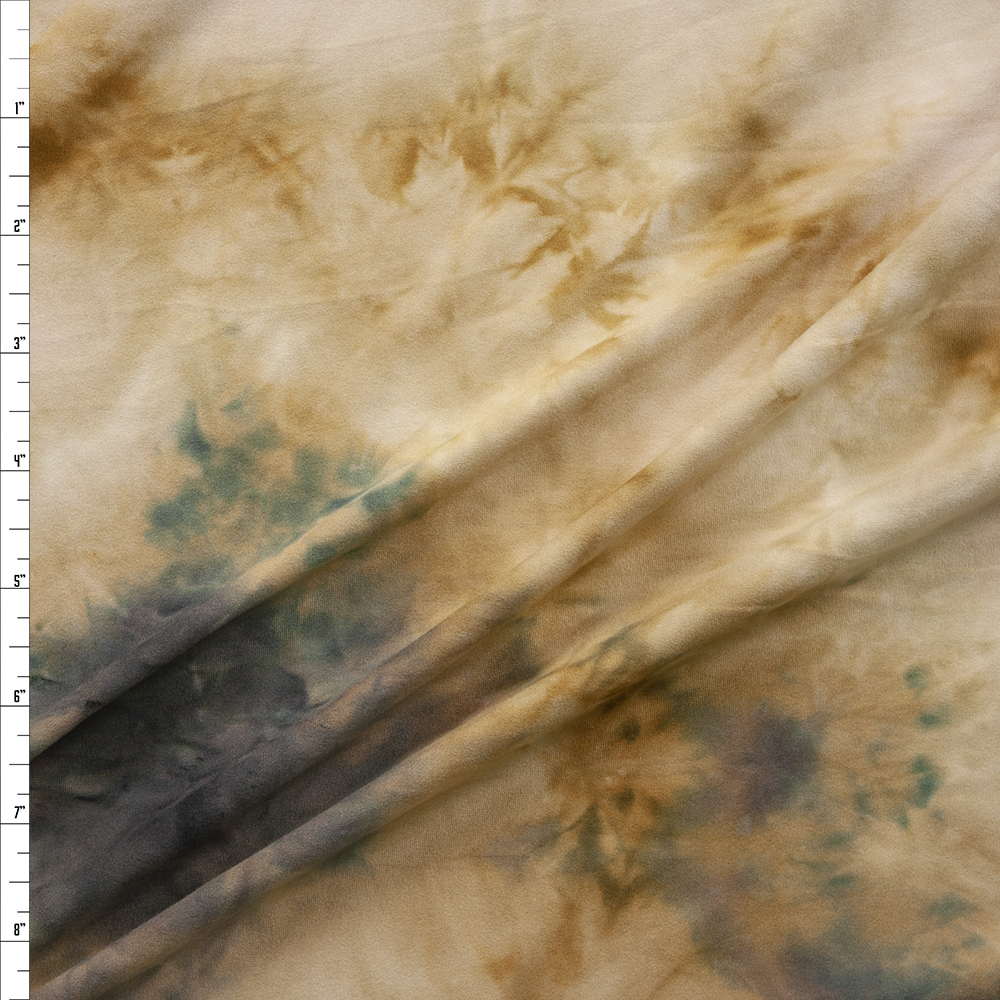 Tan and Teal Tie dye Stretch Double Brushed Poly/Spandex Knit Fabric By The Yard