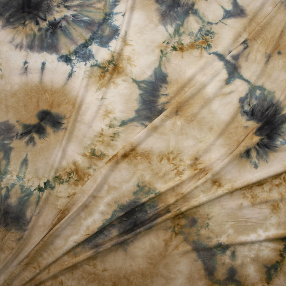 Tan and Teal Tie dye Stretch Double Brushed Poly/Spandex Knit Fabric By The Yard - Wide shot
