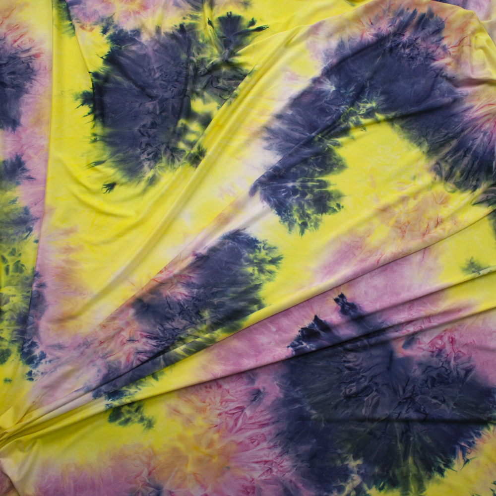 Navy, Bright Yellow, and Pink Tie Dye Stretch Double Brushed Poly/Spandex Knit Fabric By The Yard - Wide shot