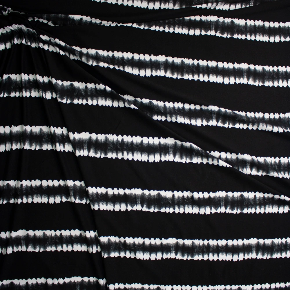 White on Black Horizontal Dye Stripe Stretch Double Brushed Poly/Spandex Knit Fabric By The Yard - Wide shot