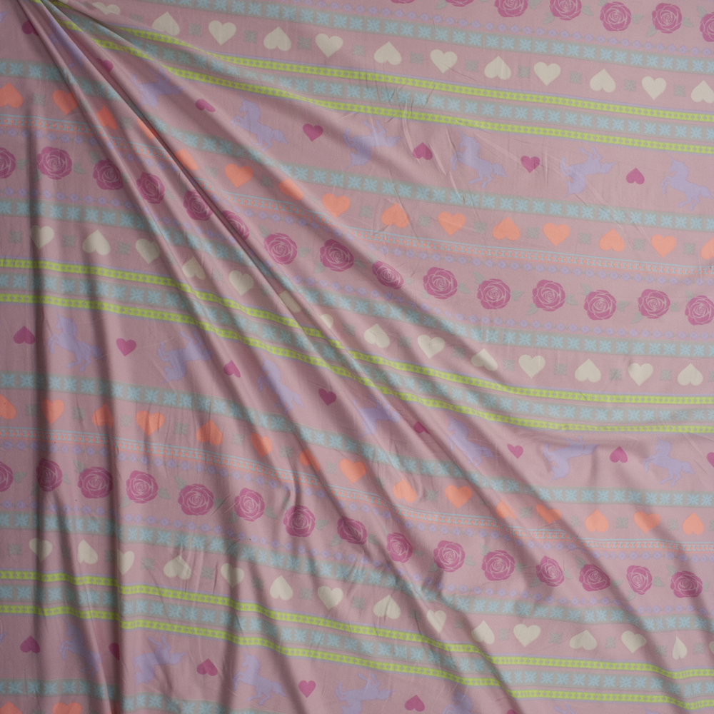 Horizontal Flowers and Hearts Boho Stripe Stretch Double Brushed Poly/Spandex Knit Fabric By The Yard - Wide shot