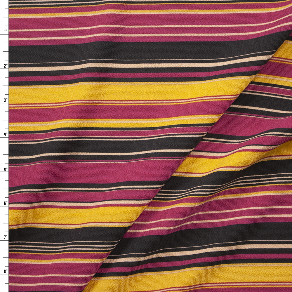 Fuchsia, Black, Mustard, and Offwhite Vertical Stripe Poly Bubble Crepe Fabric By The Yard