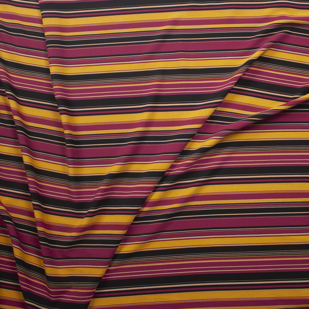 Fuchsia, Black, Mustard, and Offwhite Vertical Stripe Poly Bubble Crepe Fabric By The Yard - Wide shot