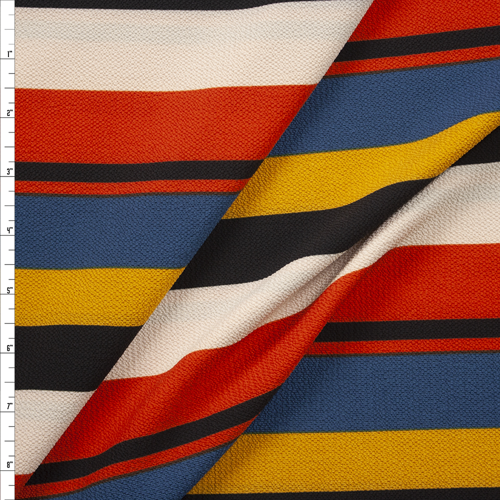 Mustard, Slate, Offwhite, Red Orange, and Black Vertical Stripe Poly Bubble Crepe Fabric By The Yard