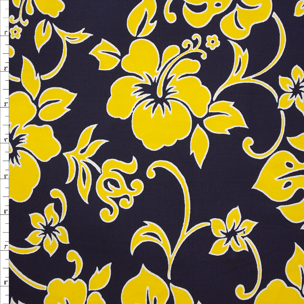 Yellow on Navy Hibiscus Island Print Cotton Poplin Fabric By The Yard