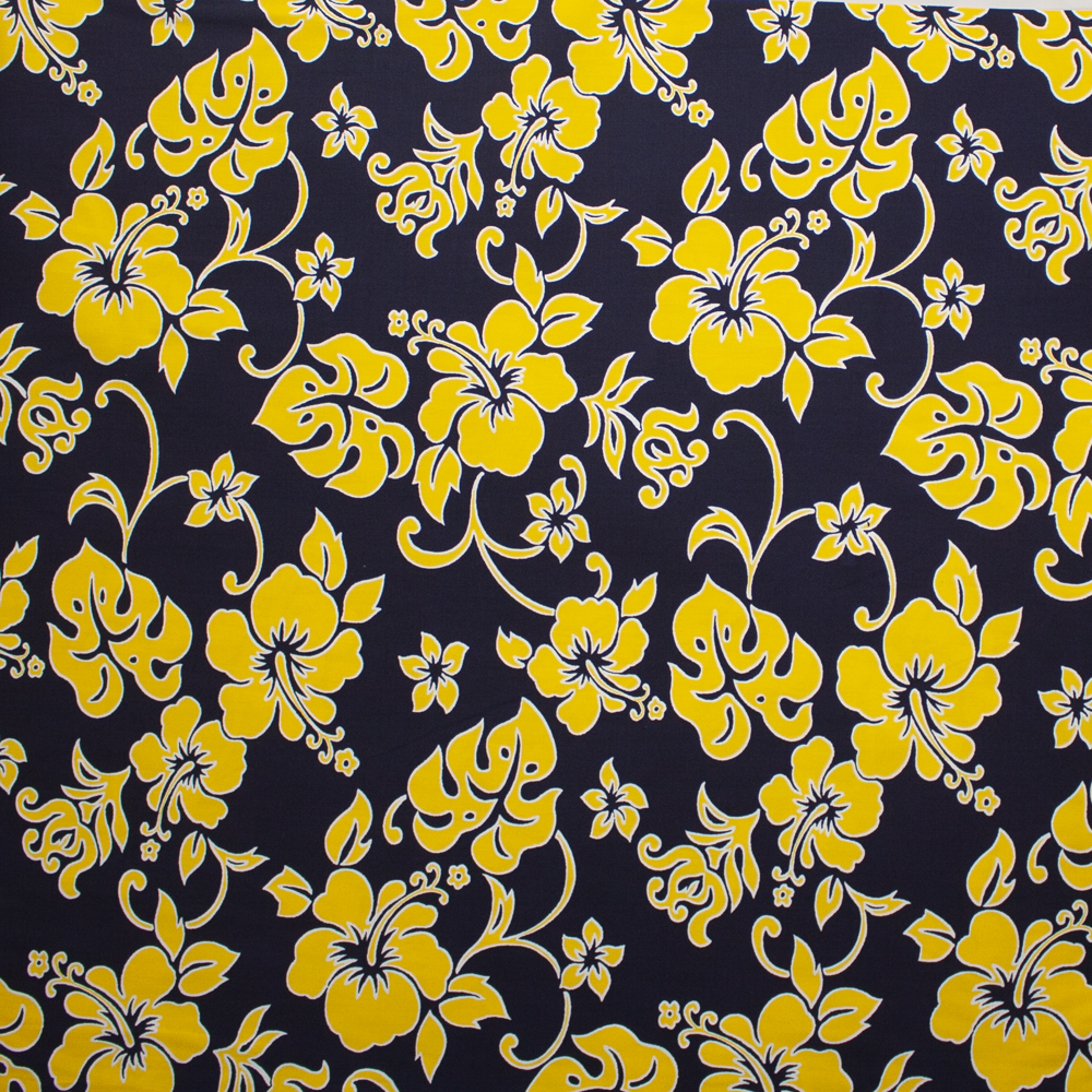 Yellow on Navy Hibiscus Island Print Cotton Poplin Fabric By The Yard - Wide shot