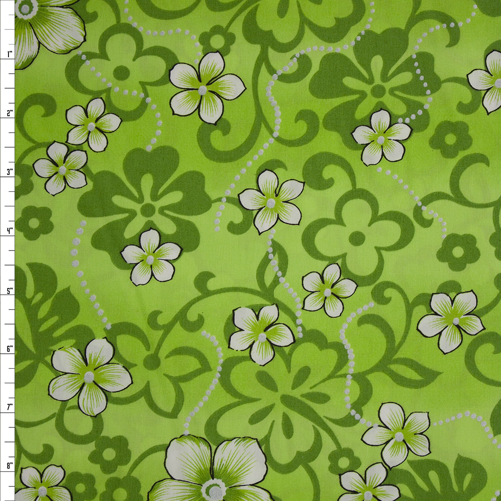 Lime, Silver, Black, and White Island Floral Cotton Poplin Fabric By The Yard