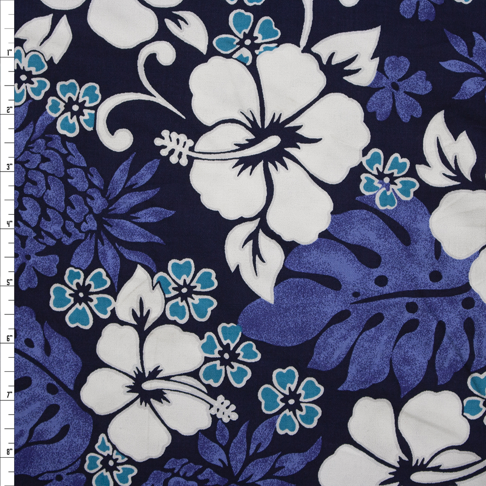 Turquoise, White, and Navy Hibiscus Island Floral Cotton Poplin Fabric By The Yard
