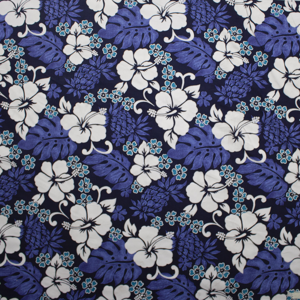Turquoise, White, and Navy Hibiscus Island Floral Cotton Poplin Fabric By The Yard - Wide shot
