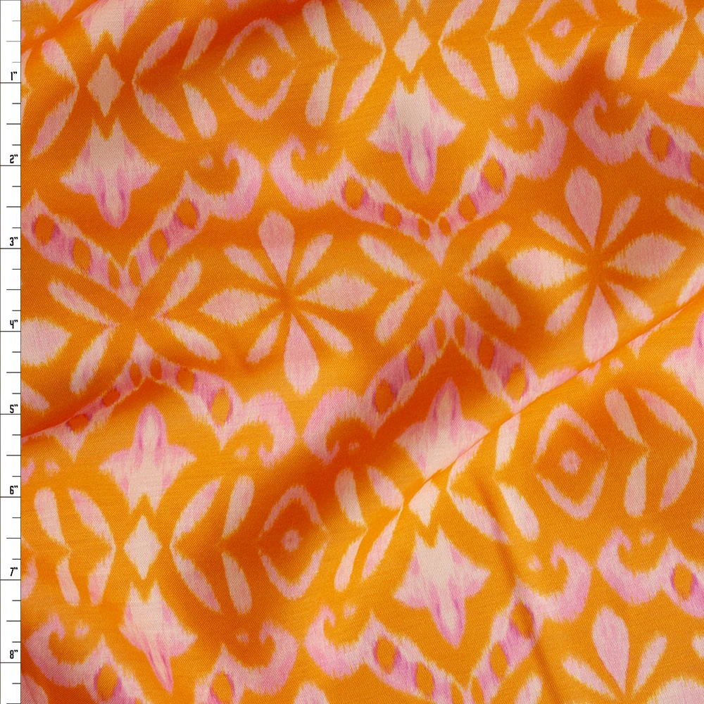 Orange, Pink, and Offwhite Ikat Cotton/Silk Voile Fabric By The Yard