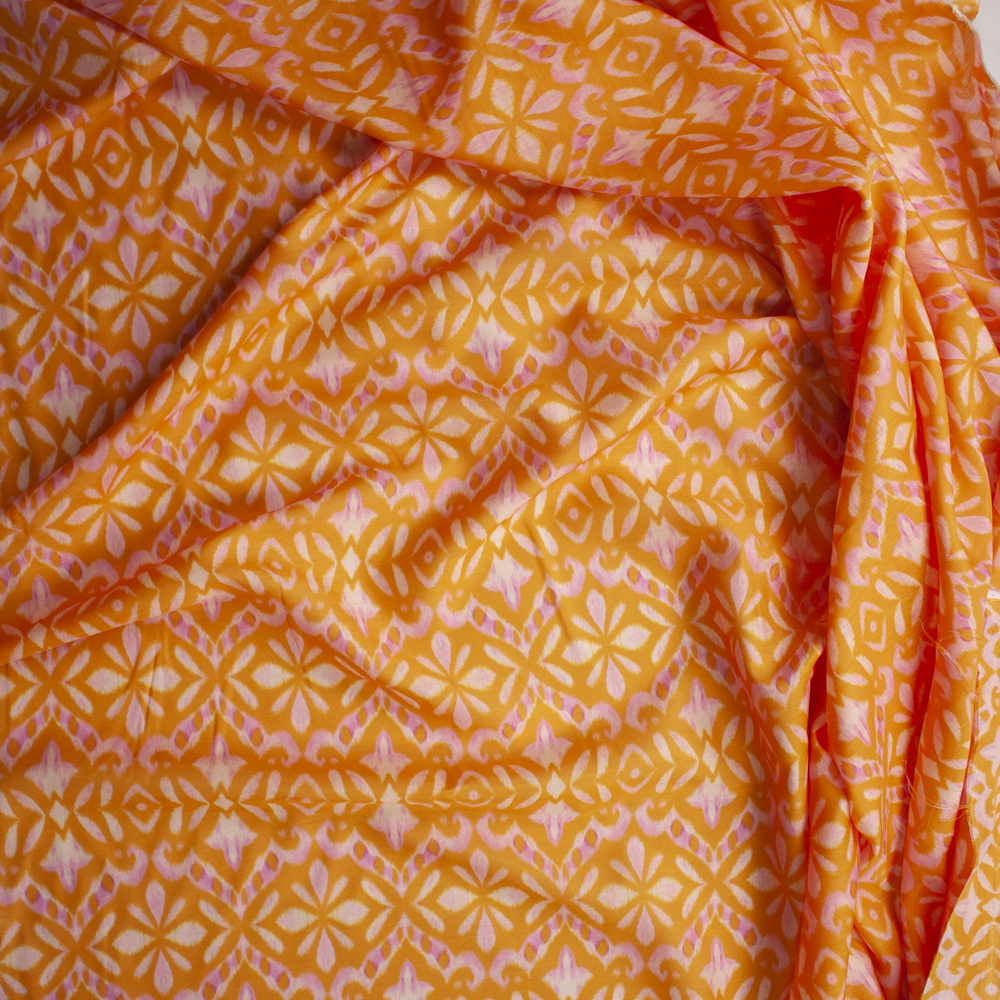 Orange, Pink, and Offwhite Ikat Cotton/Silk Voile Fabric By The Yard - Wide shot