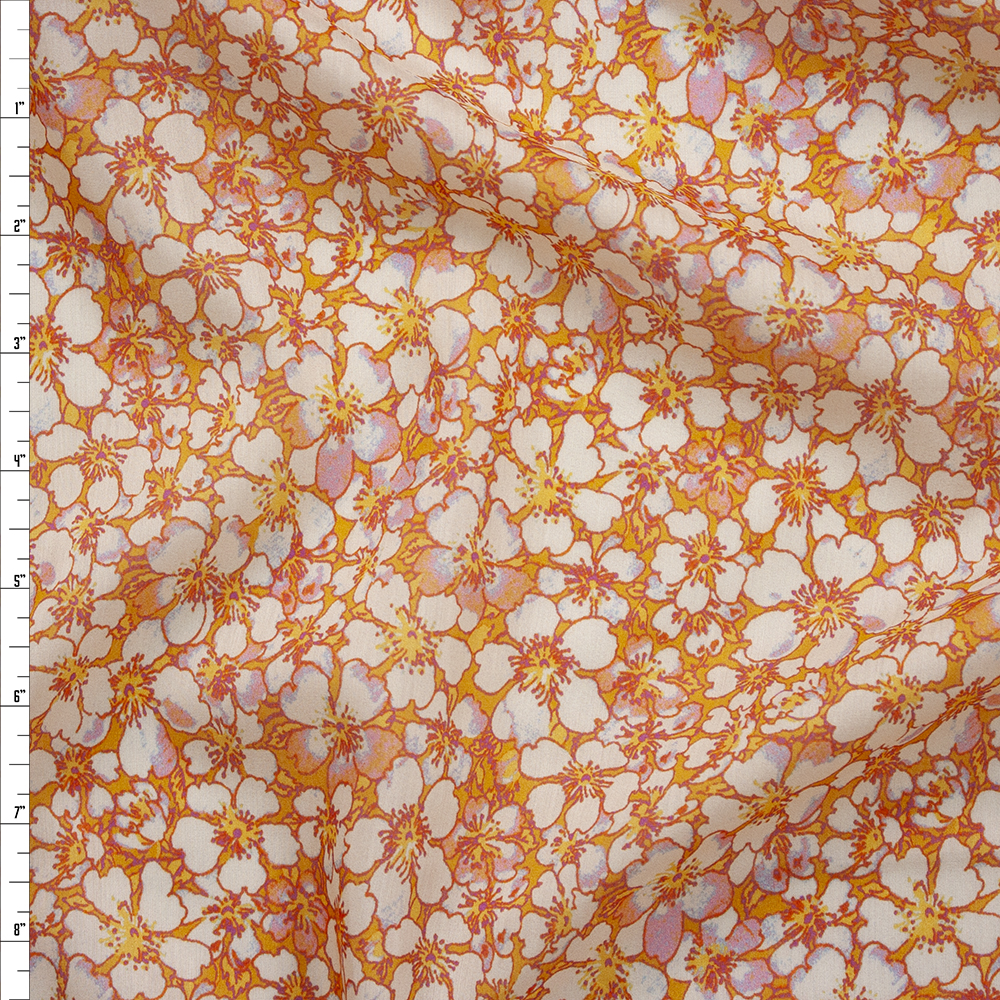 Orange, Red, and Yellow Layered Floral Cotton/Silk Voile Fabric By The Yard