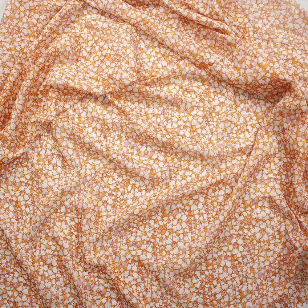 Orange, Red, and Yellow Layered Floral Cotton/Silk Voile Fabric By The Yard - Wide shot