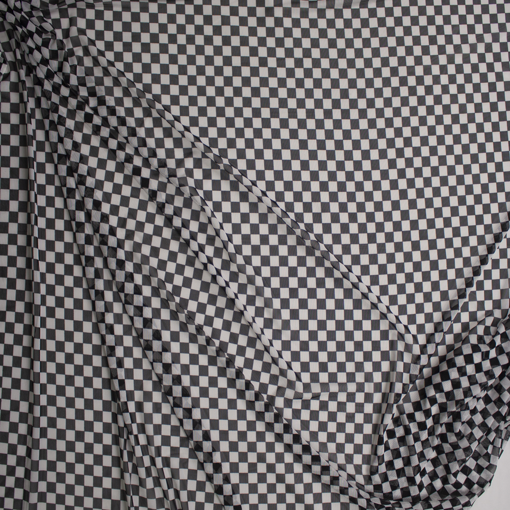 Black and White Checkers Stretch Power Mesh Fabric By The Yard - Wide shot