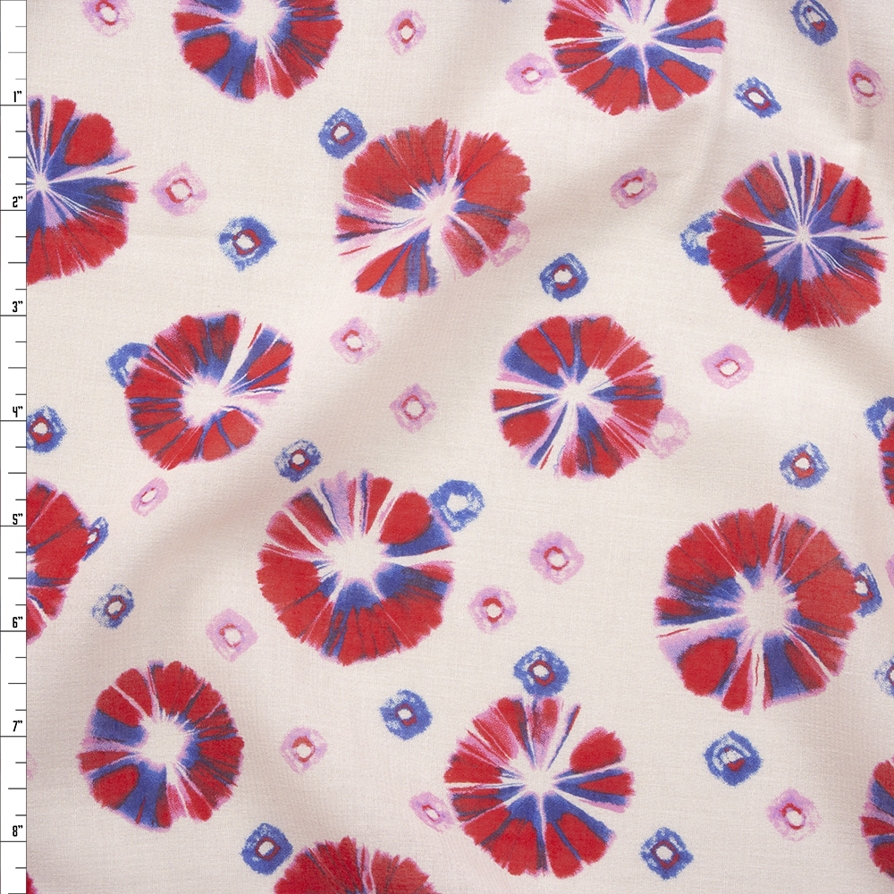 Red and Purple Flowers on Ivory Rayon Gauze Fabric By The Yard