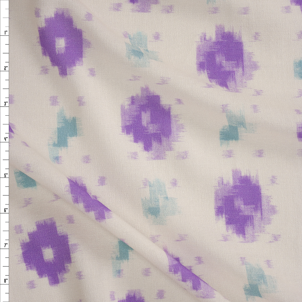 Lilac and Aqua Ikat Diamonds on Ivory Rayon Gauze Fabric By The Yard