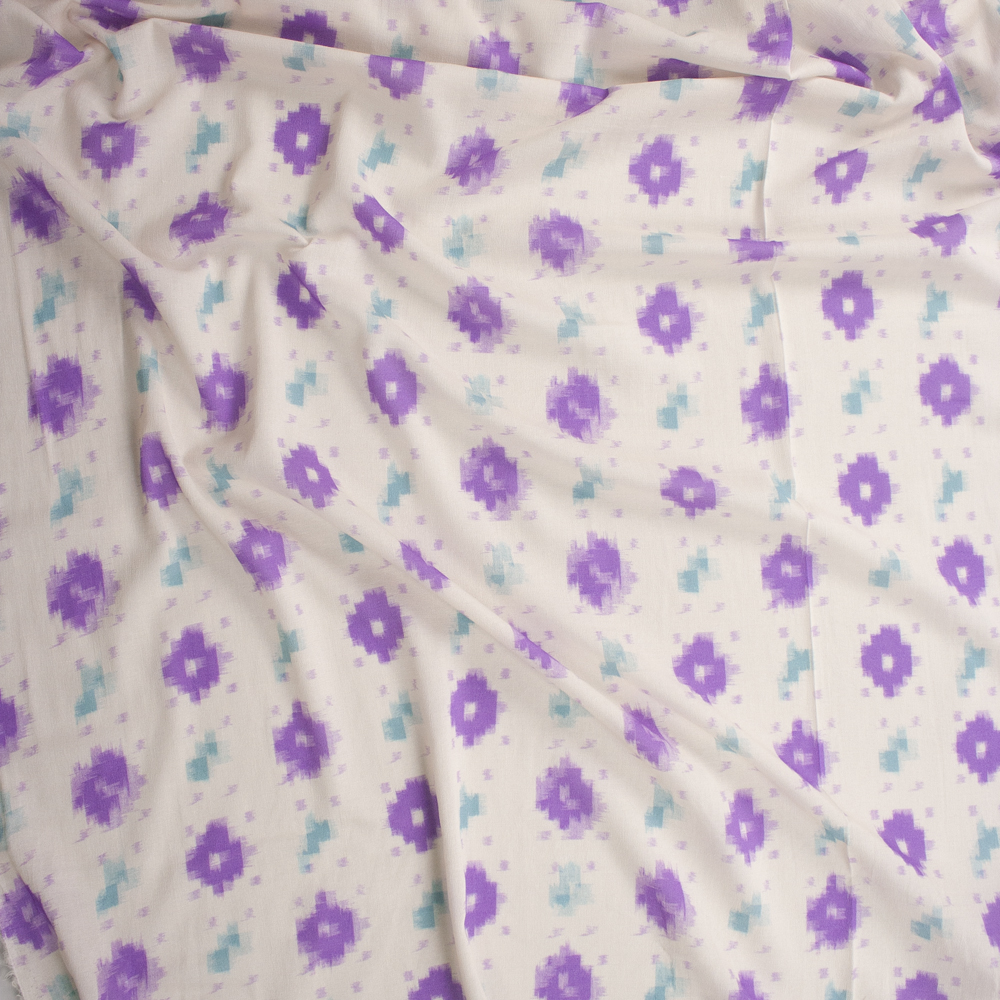 Lilac and Aqua Ikat Diamonds on Ivory Rayon Gauze Fabric By The Yard - Wide shot