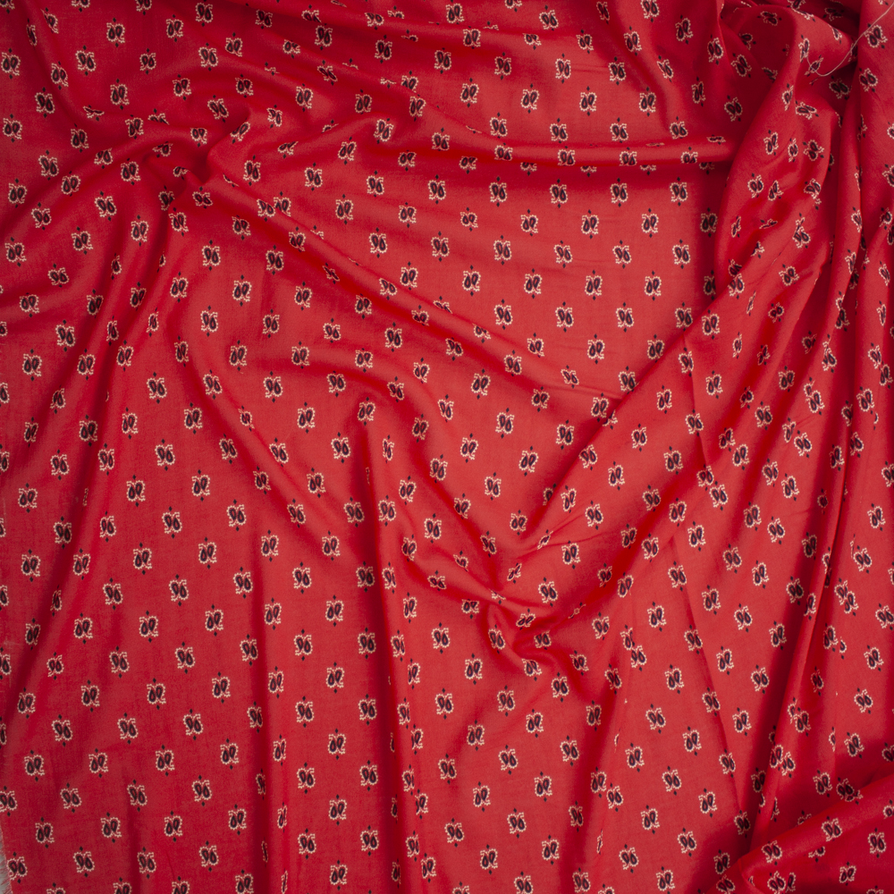 Black and Ivory Paisleys on Red Rayon Gauze Fabric By The Yard - Wide shot