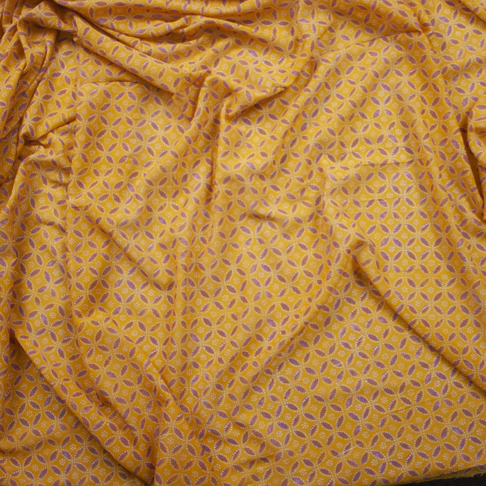 Lilac and Ivory Layered Circles on Mustard Rayon Gauze Fabric By The Yard - Wide shot