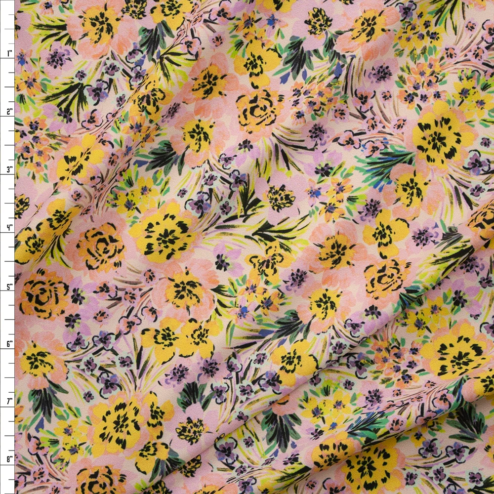 Blush, Lilac, Yellow, Peach, and Sage Garden Floral Stretch Nylon/Spandex Fabric By The Yard