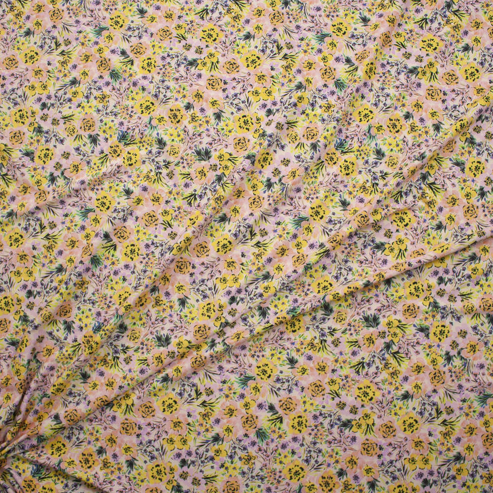 Blush, Lilac, Yellow, Peach, and Sage Garden Floral Stretch Nylon/Spandex Fabric By The Yard - Wide shot