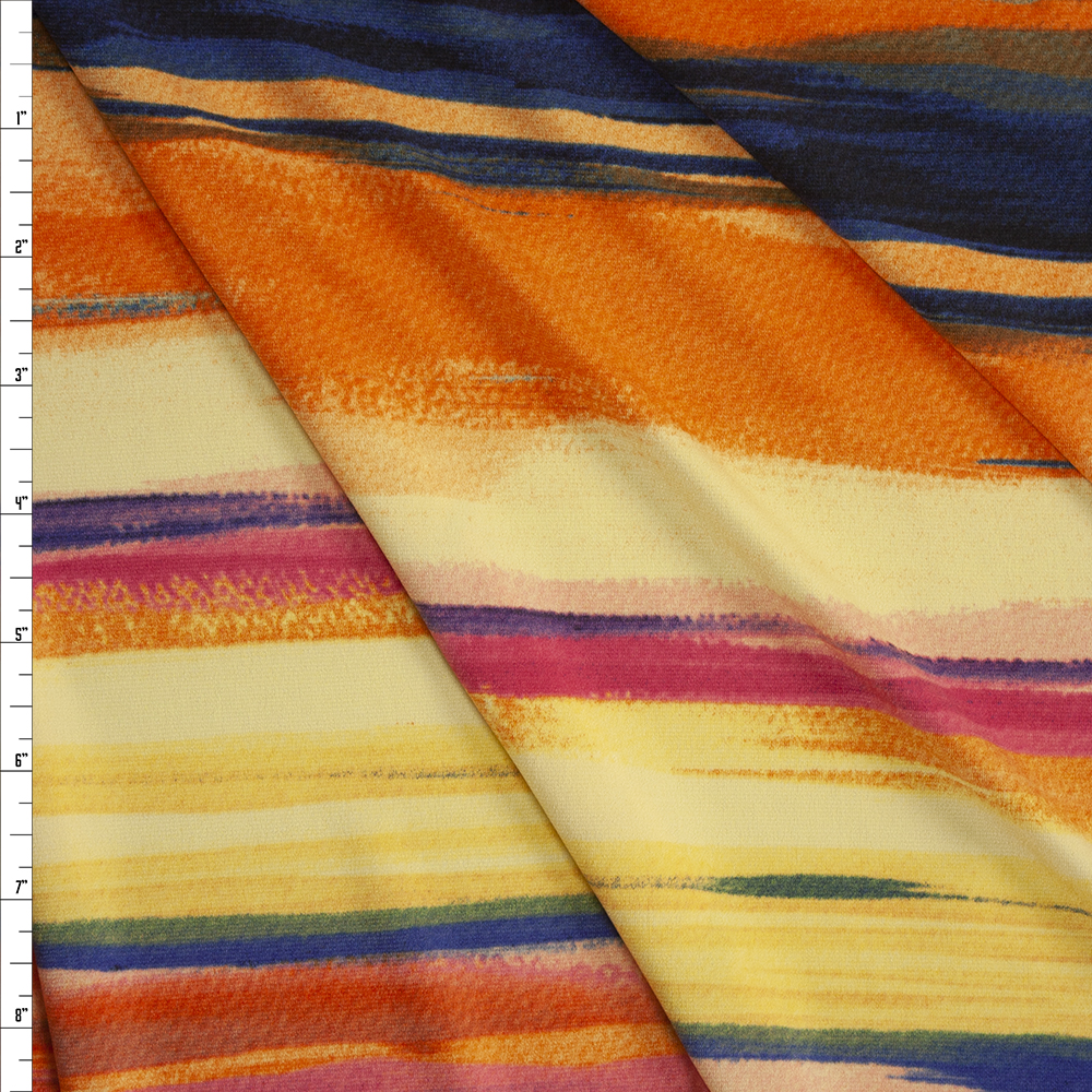 Pink, Navy. Orange, and Yellow Horizontal Paint Stripe Stretch Poly Knit Fabric By The Yard