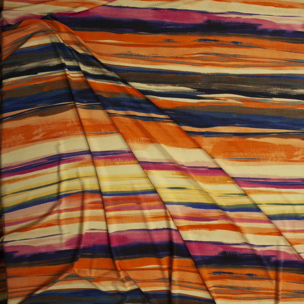 Pink, Navy. Orange, and Yellow Horizontal Paint Stripe Stretch Poly Knit Fabric By The Yard - Wide shot