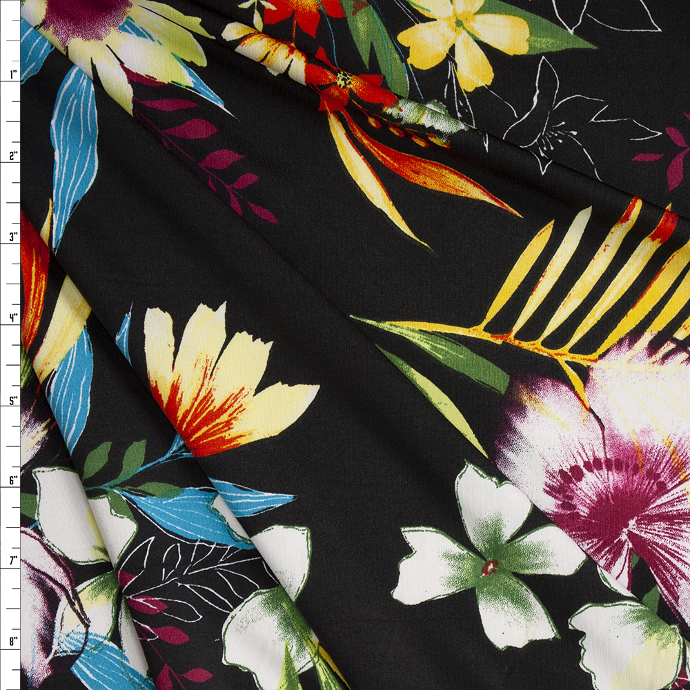 Vibrant Island Floral on Black Stretch Poly ITY Knit Fabric By The Yard