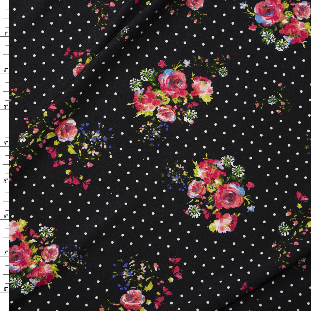 Red, Pink, and Yellow Floral Clusters on White on Black Mini Dot Double Brushed Poly/Spandex Knit Fabric By The Yard