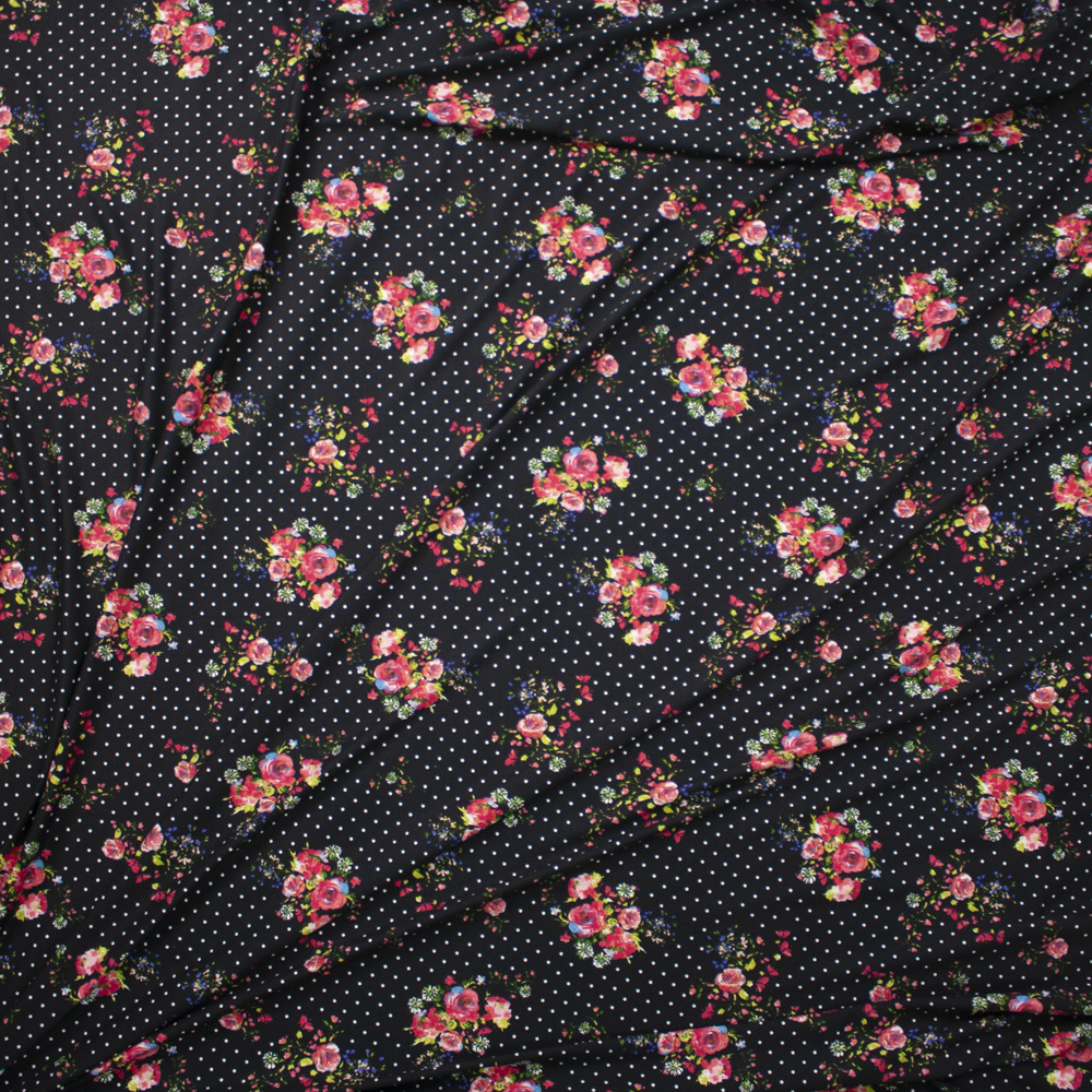 Red, Pink, and Yellow Floral Clusters on White on Black Mini Dot Double Brushed Poly/Spandex Knit Fabric By The Yard - Wide shot