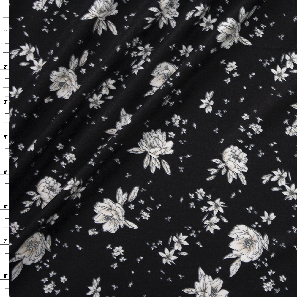Grey and White Sketch Flowers on Black Double Brushed Poly/Spandex Knit Fabric By The Yard