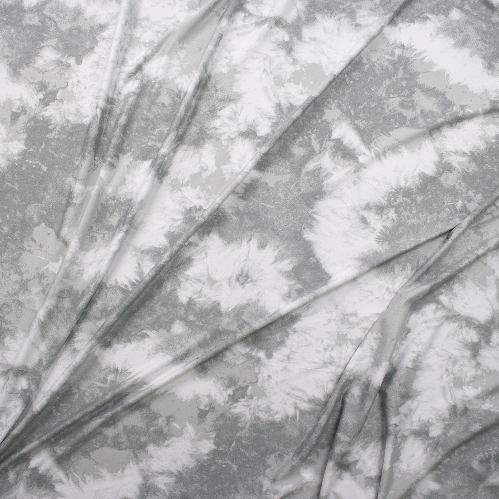 Grey and White Grunge Tie Dye Double Brushed Poly/Spandex Knit Fabric By The Yard - Wide shot