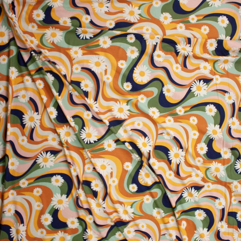 Daisy Retro Swirls Double Brushed Poly/Spandex Knit Fabric By The Yard - Wide shot