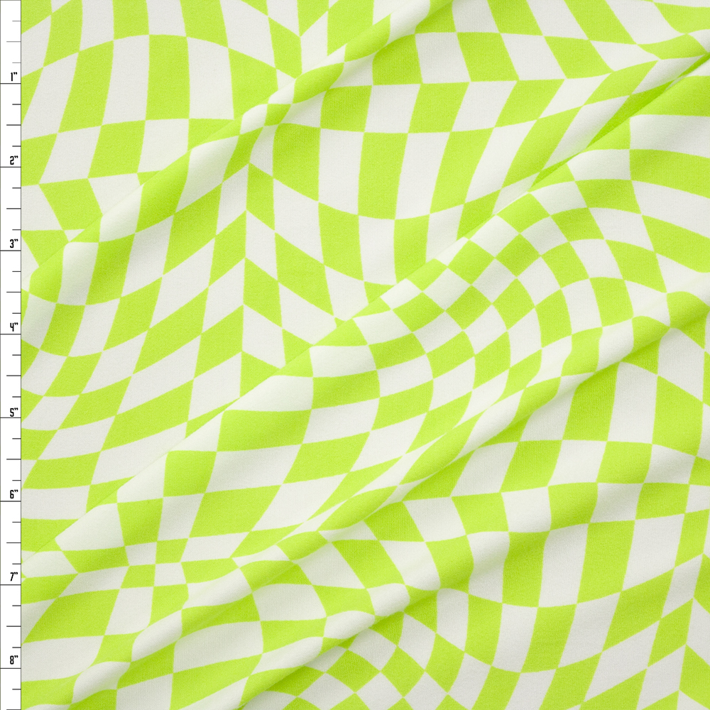 Neon Green and White Warped Checkers Double Brushed Poly/Spandex Knit Fabric By The Yard