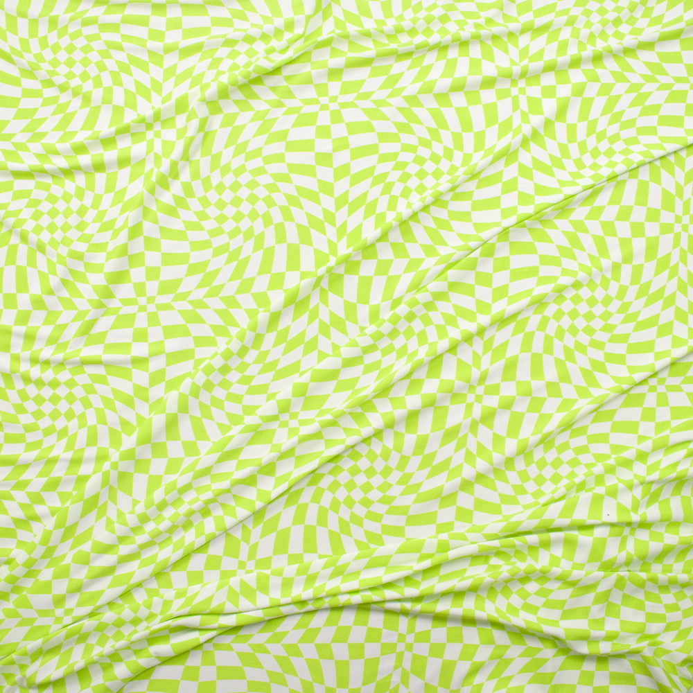 Neon Green and White Warped Checkers Double Brushed Poly/Spandex Knit Fabric By The Yard - Wide shot