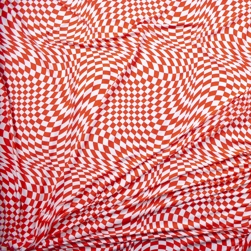 Bright Red and White Warped Checkers Double Brushed Poly/Spandex Knit Fabric By The Yard - Wide shot