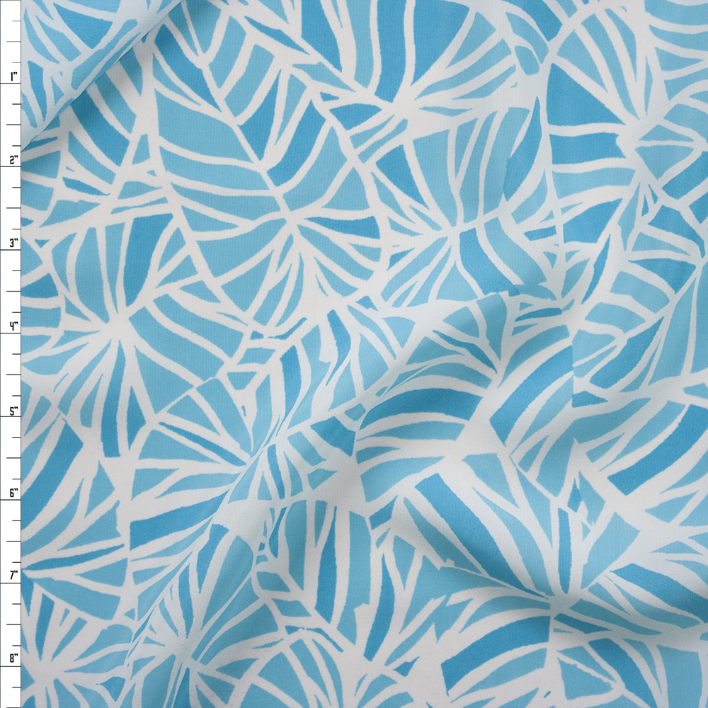 Turquoise and White Leaf Print Crepe De Chine Fabric By The Yard