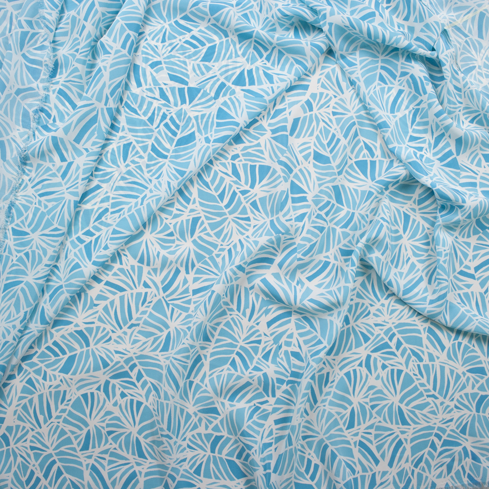 Turquoise and White Leaf Print Crepe De Chine Fabric By The Yard - Wide shot